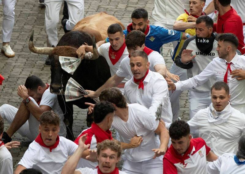 奔牛节为圣费尔明节一项特定活动，今（7）日在西班牙城市潘普洛纳的圣费尔明节开幕式上，数千人者奔跑躲避一群狂奔的牛。（法新社）