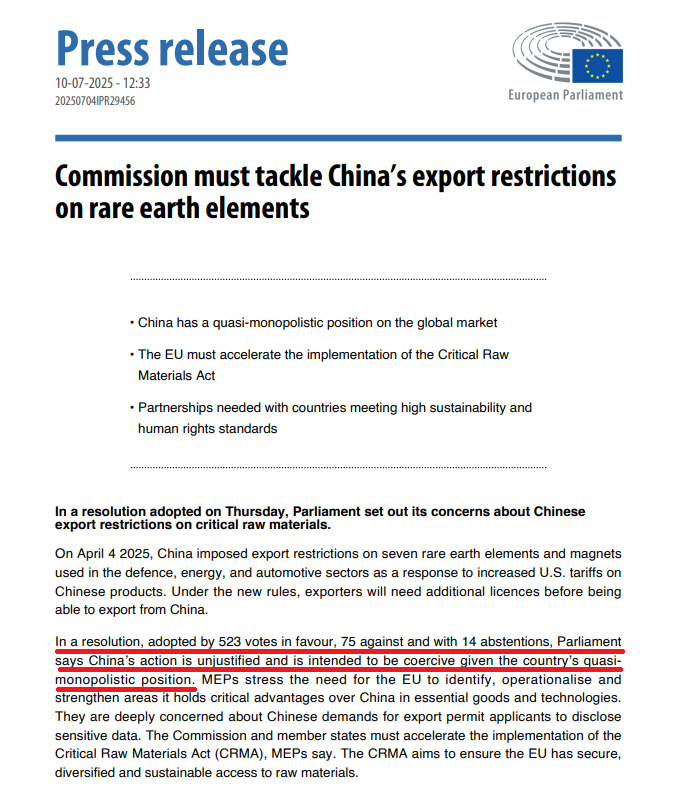 欧洲议会以523票赞成、75票反对和14票弃权通过一项决议，对中国「准垄断稀土」出口表达关切，同时要求欧盟执委会必须解决这个问题。（撷取自欧洲议会官网）