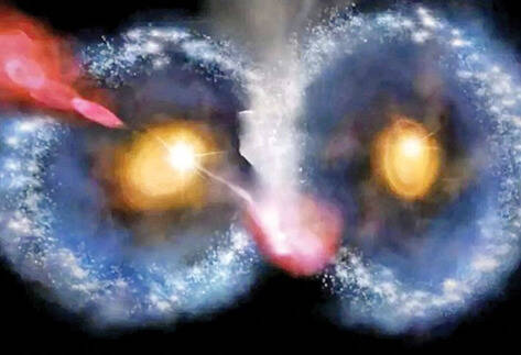 韦伯太空望远镜拍下罕见「宇宙猫头鹰」画面，两个蓝色环状星系正面对撞，中心呈现对称亮点，酷似猫头鹰凝视人类的双眼。（图取自NASA专页）