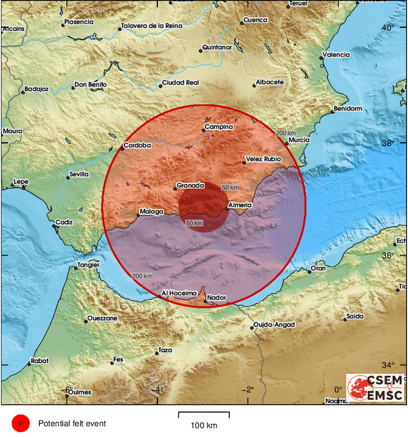 西班牙外海在当地时间14日清晨7点13分（台湾时间14日下午1点13分），发生规模5.2地震，震源深度10公里。（图撷取自@LastQuake 社群平台「X」）