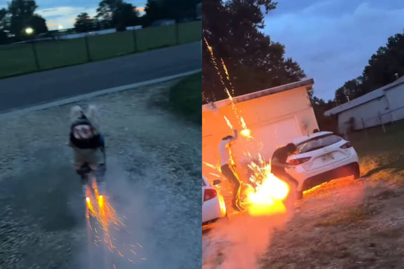 美國一名網友將Labubu綁上煙火，沒想到在後方看熱鬧的友人直接被玩偶「反擊」。（本報合成，擷取自andrewjalbrecht/Instagram）