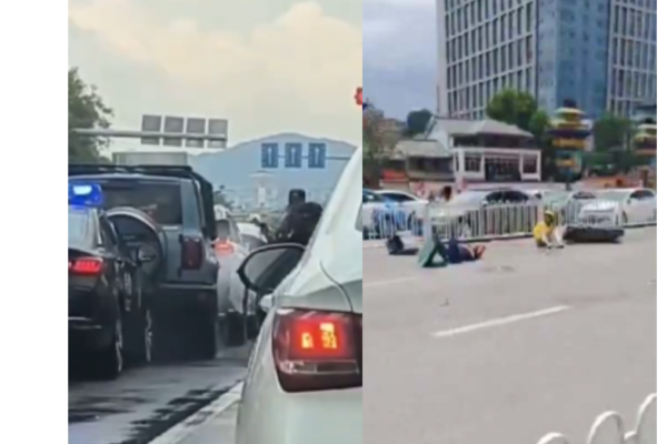 左图为警方于街头围堵肇事「坦克300」越野车，右图则可见多名遭撞行人倒卧马路，现场一片混乱。整起事件据传造成至少2死9伤。（翻摄自网路影片）