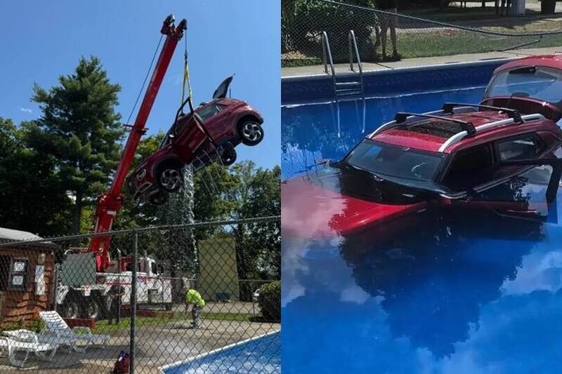美國一處露營區驚見一輛紅色休旅車衝破柵欄，直直開進露營區內的游泳池。（圖截自Facebook／Monson Fire Department）