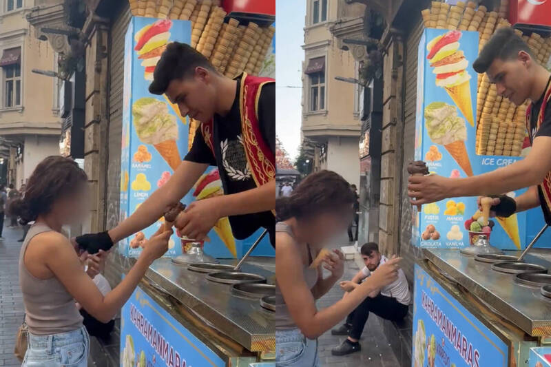 一名女遊客在買土耳其冰淇淋期間，攤販竟直接將甜筒塞進其乳溝。（本報合成，擷取自reddit）