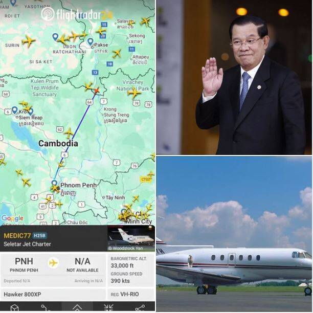 泰国脸书粉专「Army Military Force – สำรอง」，今引述flightradar24资讯发文表示，洪森编号MEDIC77的私人专机Hawker 800XP，已从柬埔寨的首都金边起飞，正在飞往中国当中。（取自粉专「Army Military Force – สำรอง」）