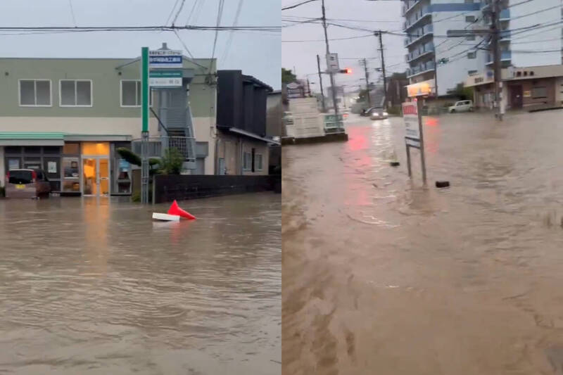 日本福岡縣宗像市暴雨成災，民眾紛紛將淹水災情Po到社群。（本報合成，擷取自@maruedazo、@ichi_bi/X）