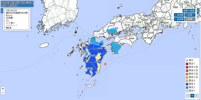 日本宫崎县外海今发生规模5.8地震，各地测得最大震度为「震度4」。（图撷取自日本气象厅）