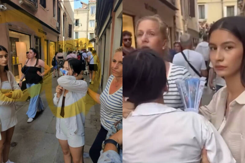 美國一名女子（條紋衣）在威尼斯遭遇扒手，狠狠抓住對方頭髮等待警方到來。（本報合成，擷取自@karismcelroy/TikTok）