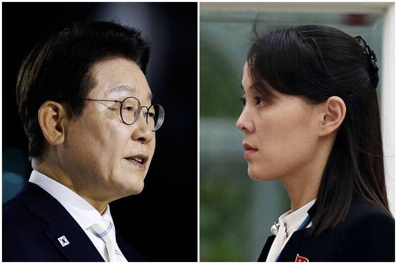 北韩劳动党中央委员会副部长金与正19日点名批评南韩总统李在明，「不是能够改变历史潮流的伟人。」（彭博、路透资料照合成图）